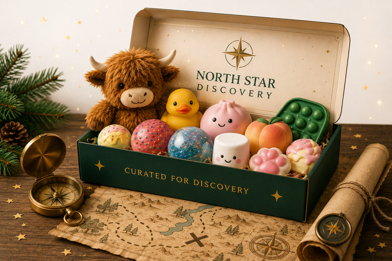 North Star Discovery gift box filled with curated squishies, plush toys, sensory fidgets, a compass, and a treasure map.